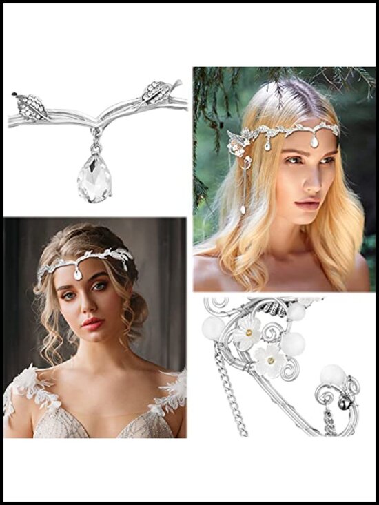 Fairy Costume Crown Headpiece Elf Ears Cuffs Rhinestone Tiara for Halloween